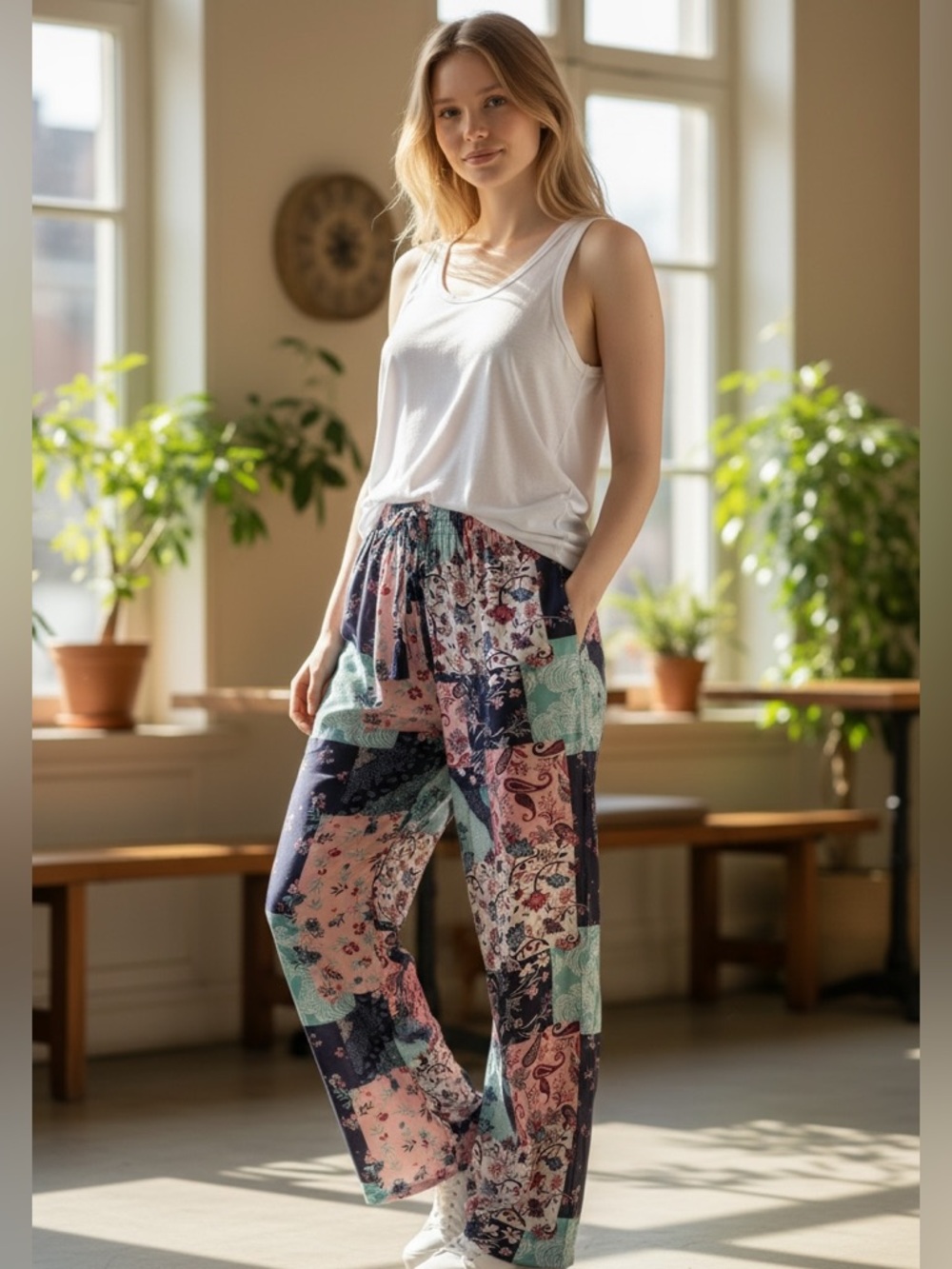Patchwork Print Wide-Leg Pants - Pink & Teal